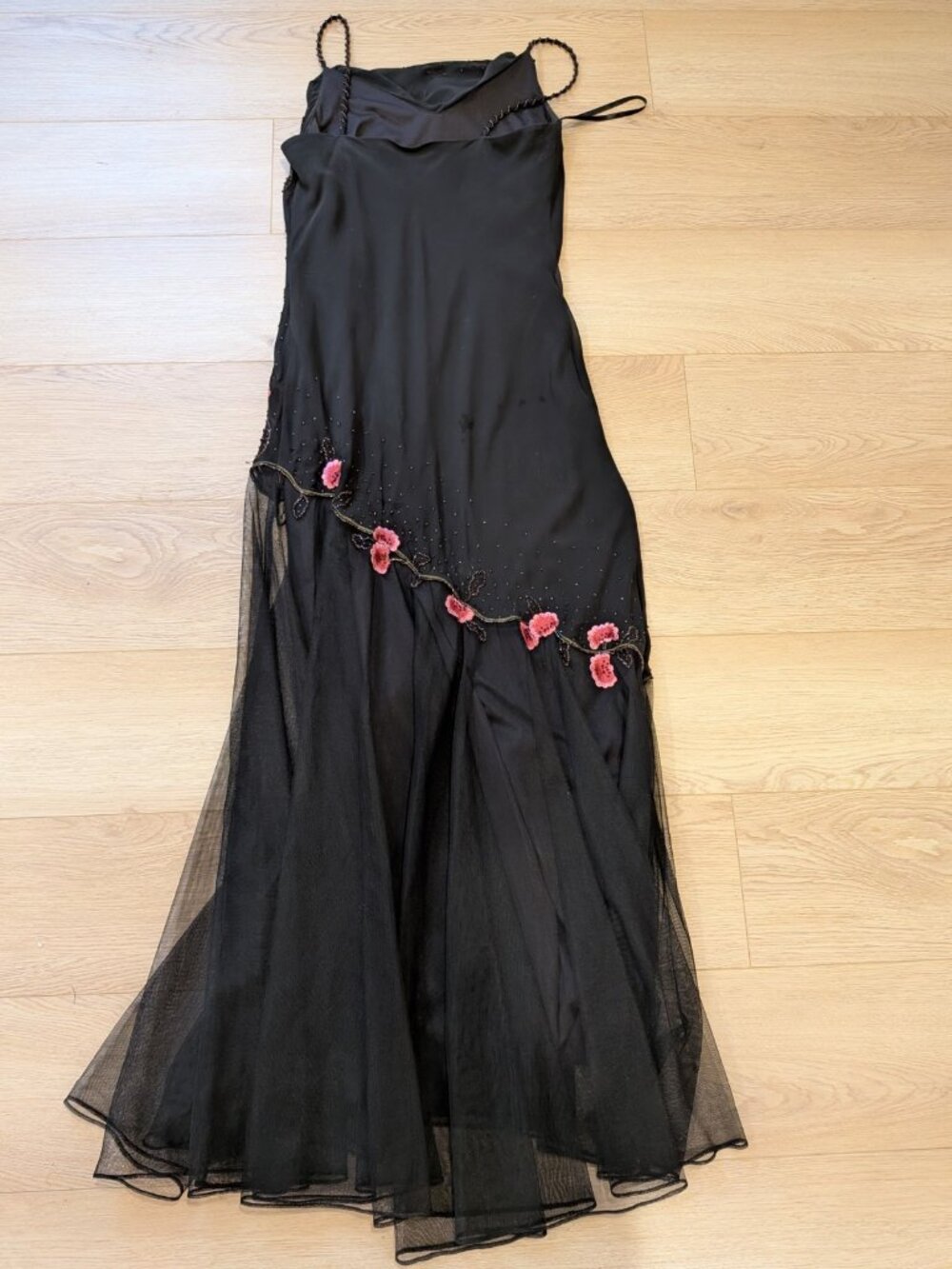 Vintage Y2K Black Mesh Asymmetrical Maxi Dress Fairycore Whimsigoth Beaded Med - Picture 12 of 13